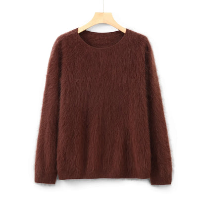 Damen Flauschiger Pullover Rundhalsausschnitt Langarm