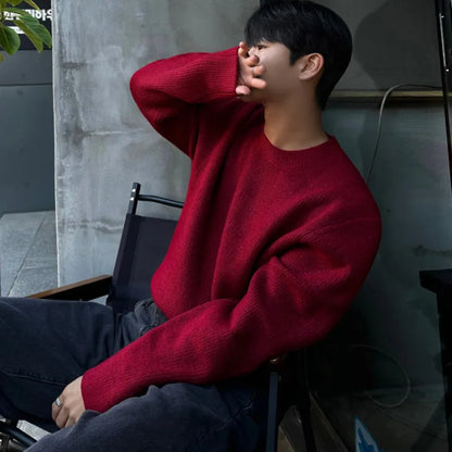 Herren Rundhals-Pullover aus Strickware, Rot oder Hellgrau