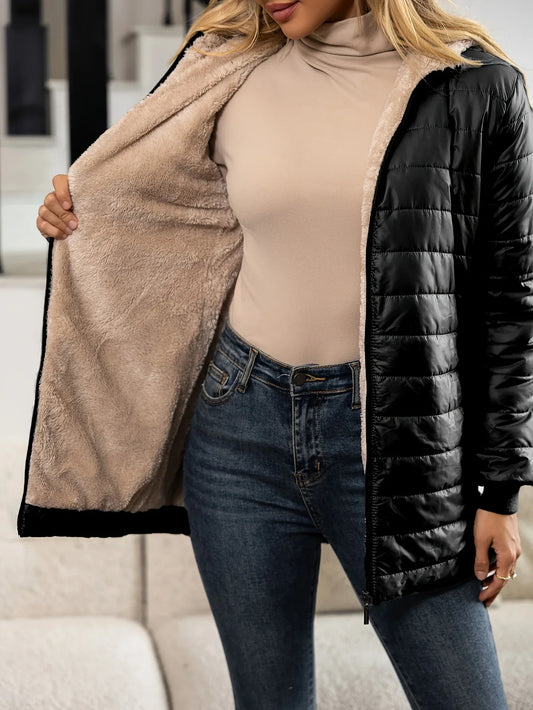 Manteau d’hiver matelassé pour femme avec capuche et doublure en peluche