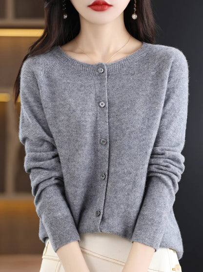 Damen Strickjacke mit Rundhalsausschnitt, Knopfleiste und langen Ärmeln, meliert grau