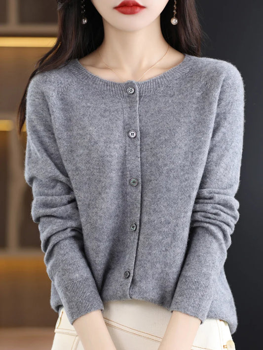 Gilet en maille pour femme à col rond, patte de boutonnage et manches longues, gris chiné