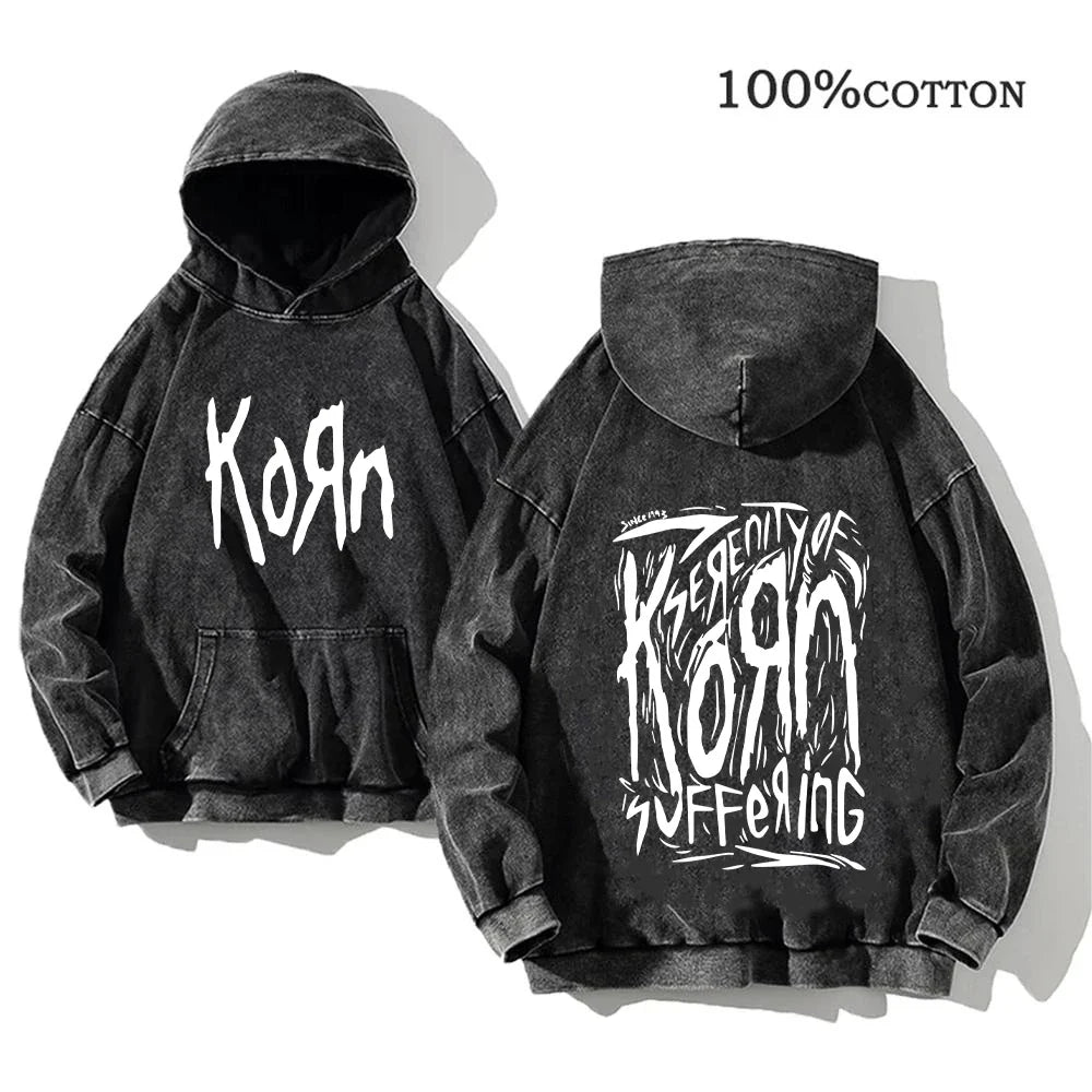 Unisex Kapuzenpullover Grau mit Band-Print & Kängurutasche