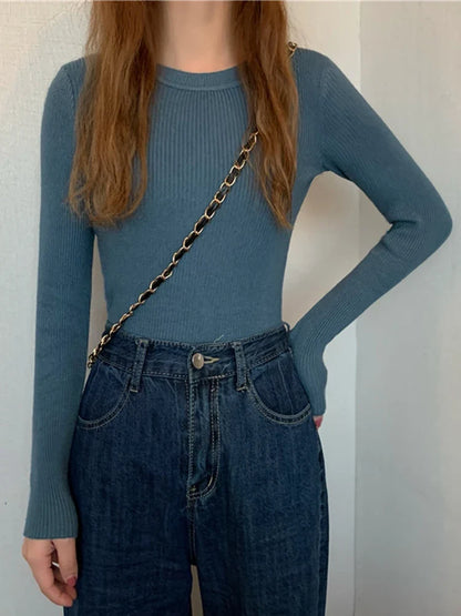 Pullover a maniche lunghe da donna, a coste, girocollo, top in vari colori