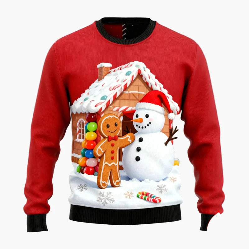 Pull de Noël pour homme avec bonhomme en pain d’épices, maison en pain d’épices et sapin – Pull moche festif et amusant