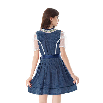 Damesdirndl met schort en blouse, geruit, blauw