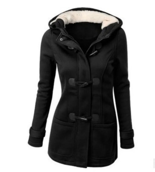 Damen Dufflecoat mit Kapuze, Knebelverschluss & Teddyfutter, Schwarz