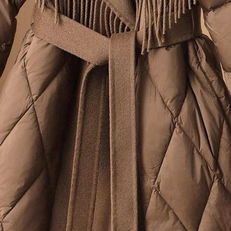Cappotto trapuntato invernale da donna con frange e cintura – Stile coreano alla moda, comodo cappotto di mezza stagione