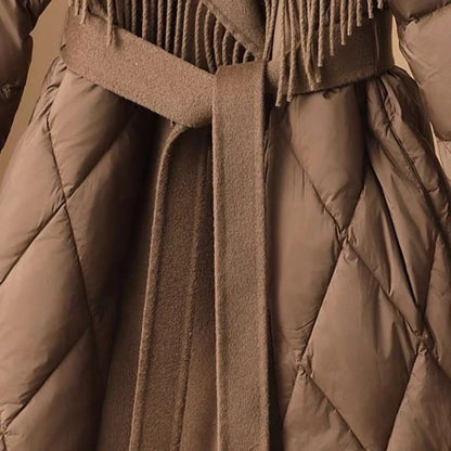 Cappotto trapuntato invernale da donna con frange e cintura – Stile coreano alla moda, comodo cappotto di mezza stagione
