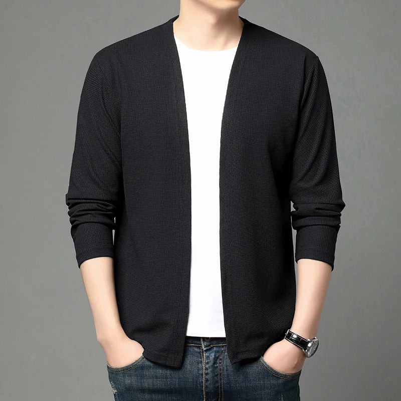 Herren Cardigan Strickjacke offen leicht V-Ausschnitt Langarm