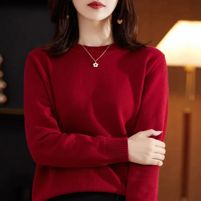 Damen Pullover Rundhals Langarm Strickpullover Rippbündchen Unifarben