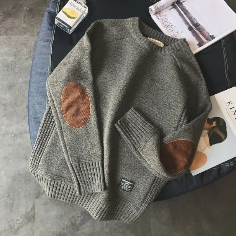 Herren Rundhals Pullover Strickpullover mit Ellenbogen-Patches