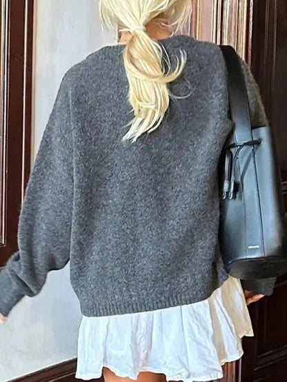Pull oversize femme gris à manches longues, col rond, aspect grosse maille