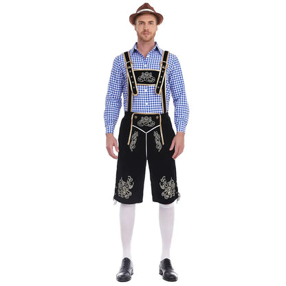 Herren Trachten Lederhose mit Hemd und Hosenträgern Geringeltes Karo-Muster