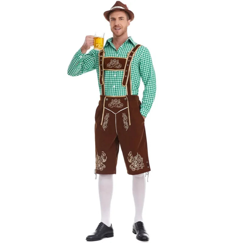 Herren Trachten Lederhose mit Hemd und Hosenträgern Geringeltes Karo-Muster