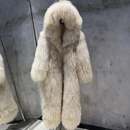 Langer Plüschmantel mit Kapuze & Struktur Beige