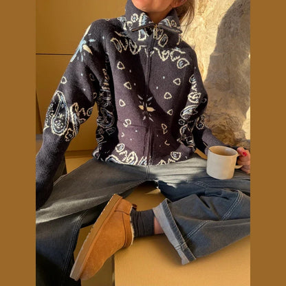 Gilet en maille pour femme avec fermeture éclair et motif bandana, col montant