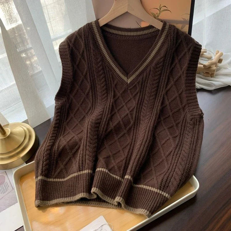 Strickpullunder Damen V-Ausschnitt Zopfmuster College-Stil