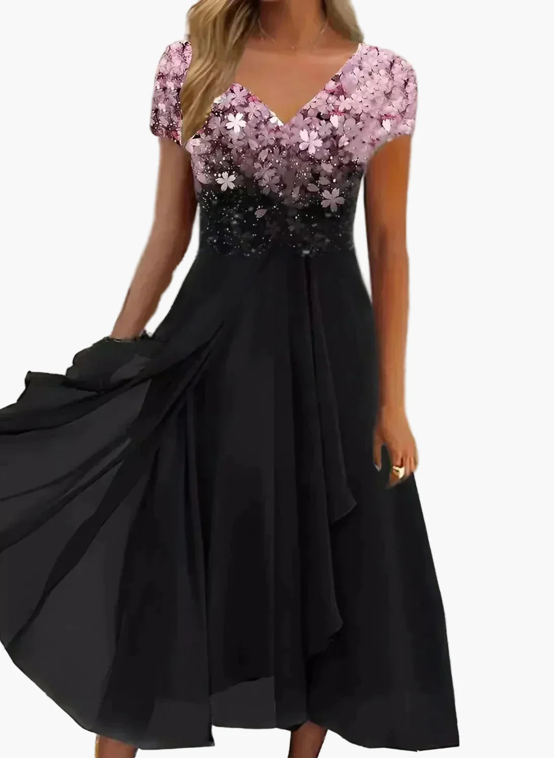 Vestido de noche elegante para mujer, línea A de chiffon, festivo con parte superior floral para ocasiones especiales