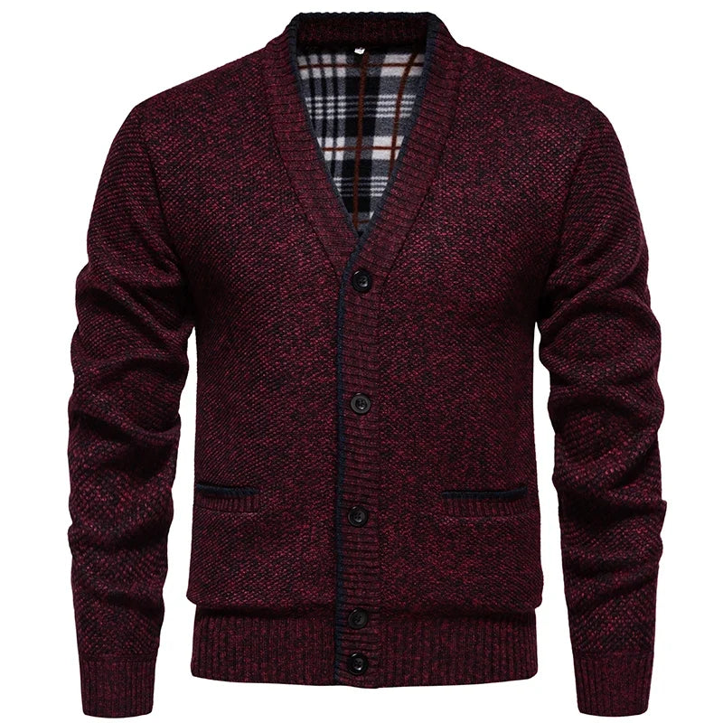 Cardigan da uomo in maglia mélange con scollo a V, abbottonatura e tasche