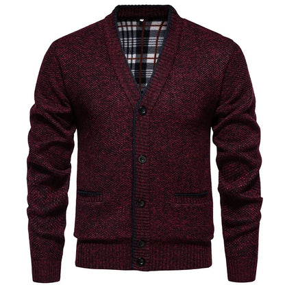 Cardigan da uomo in maglia mélange con scollo a V, abbottonatura e tasche