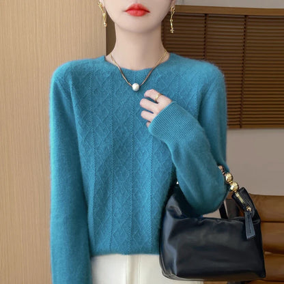 Damen Strickpullover Rundhals mit Rautenmuster Langarm