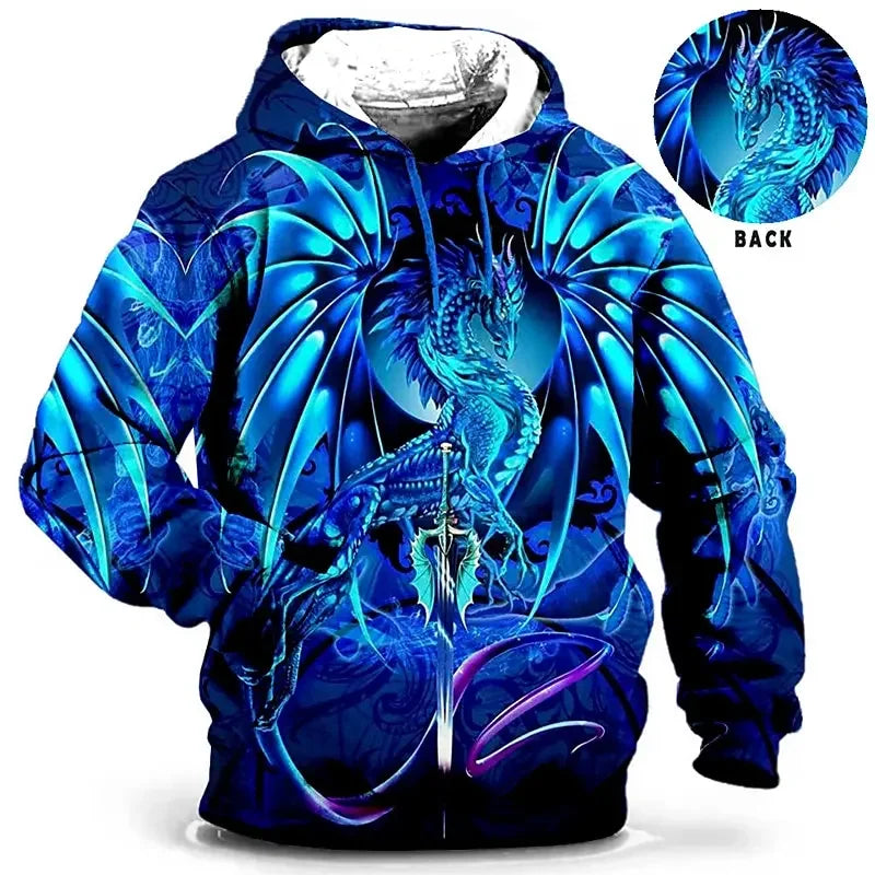 Felpa unisex con cappuccio e motivo a drago, maniche lunghe, blu
