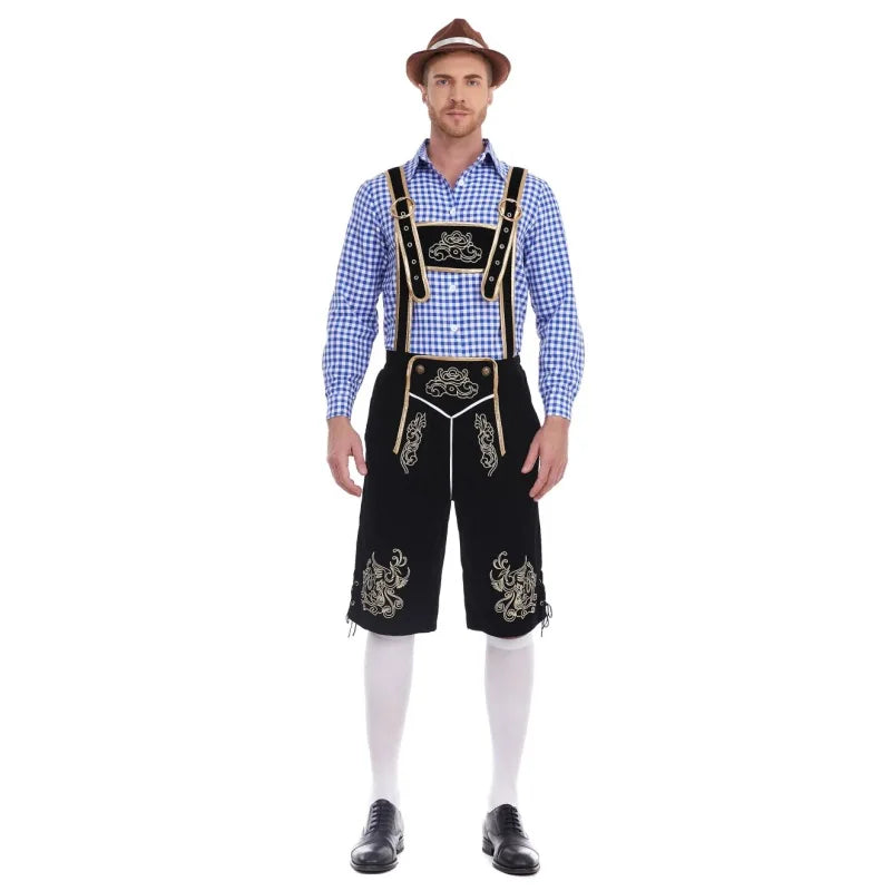Herren Trachten Lederhose mit Hemd und Hosenträgern Geringeltes Karo-Muster