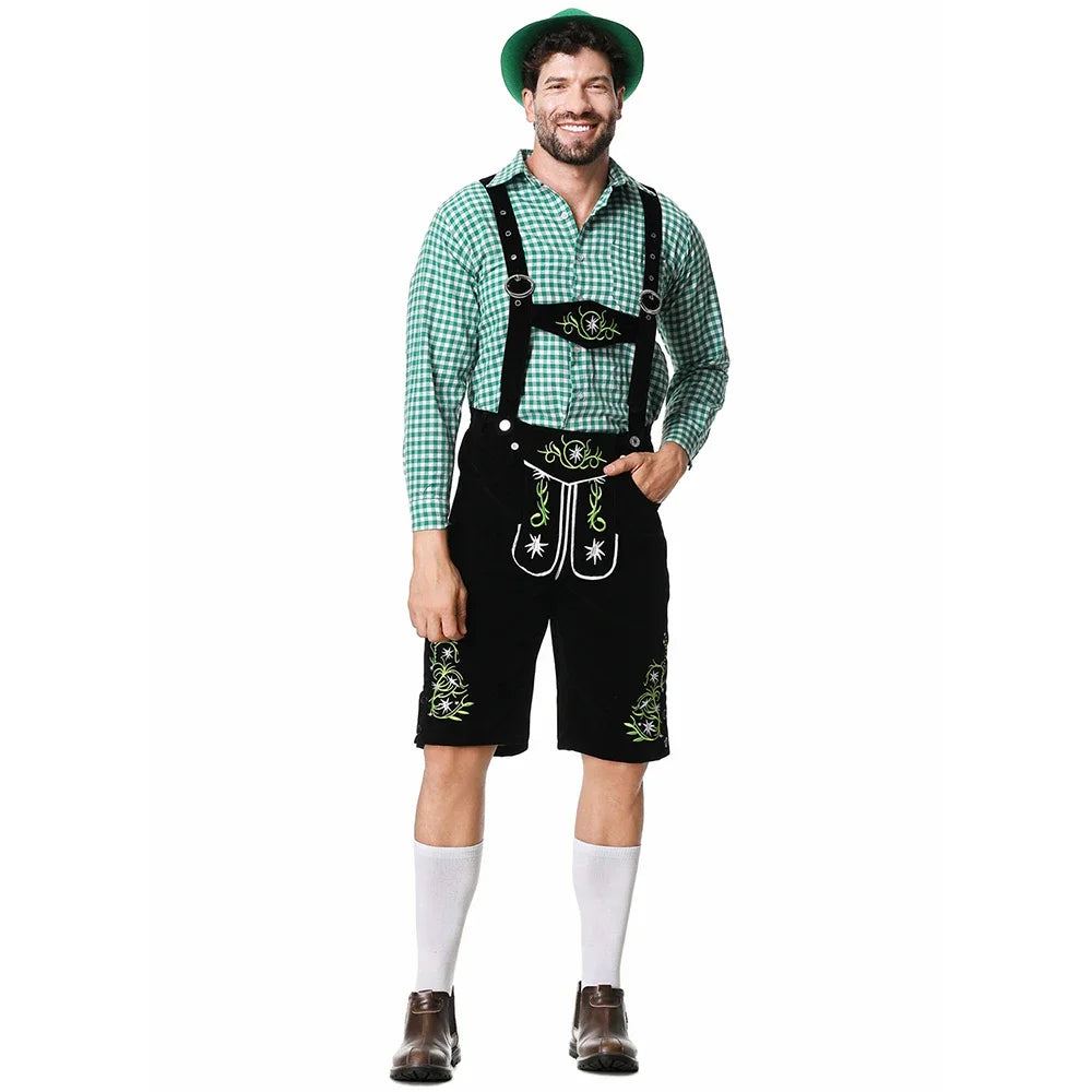 Herenklederdrachtset met geruit overhemd, leren broek en borduursel in groen en bruin