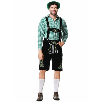 Herenklederdrachtset met geruit overhemd, leren broek en borduursel in groen en bruin