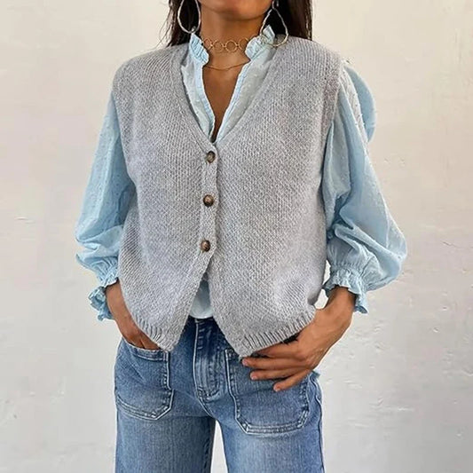 Gilet en maille pour femme à col en V, patte de boutonnage