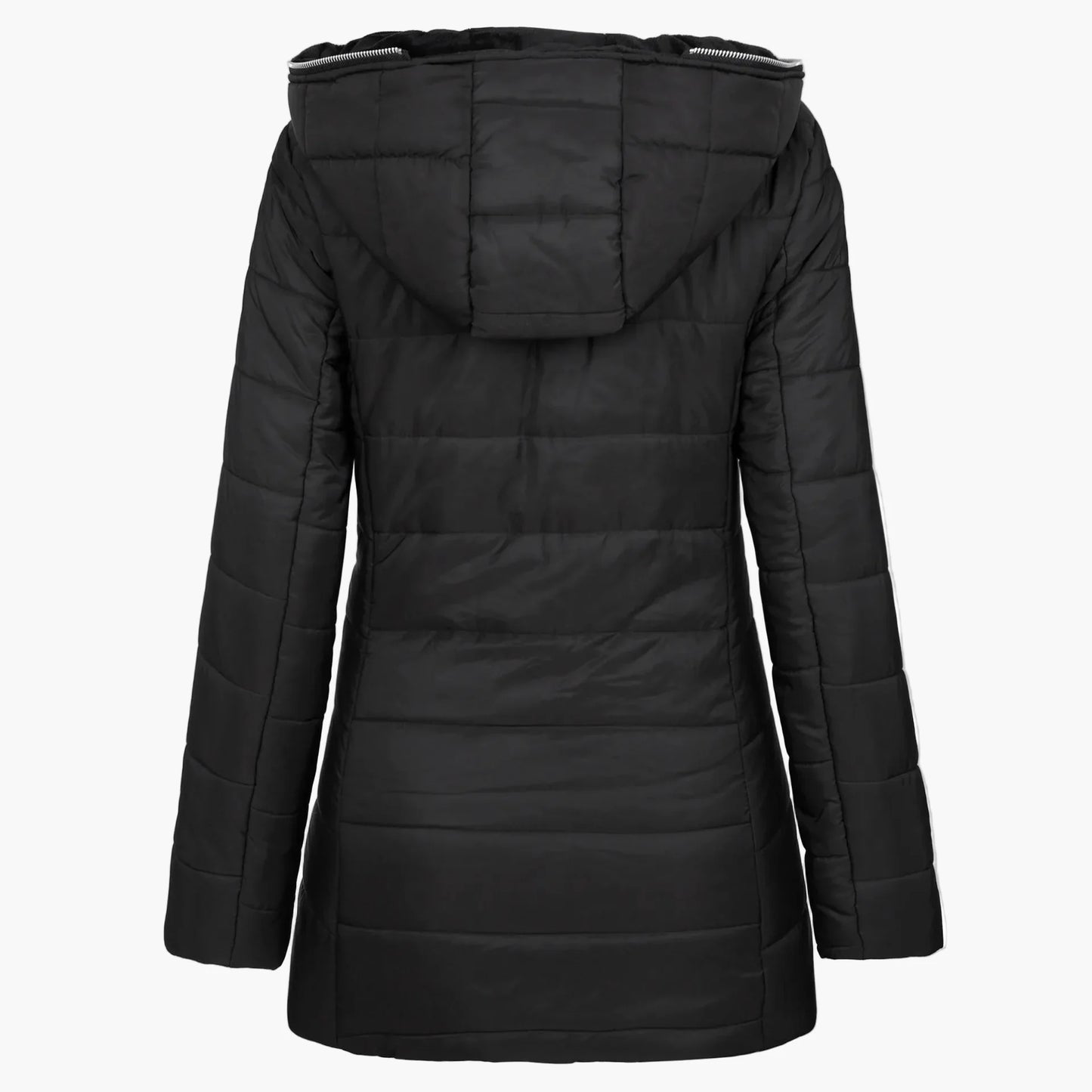 Giacca invernale trapuntata da donna con ampio cappuccio e cerniera asimmetrica – Cappotto outdoor alla moda