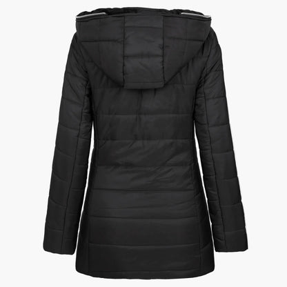 Giacca invernale trapuntata da donna con ampio cappuccio e cerniera asimmetrica – Cappotto outdoor alla moda