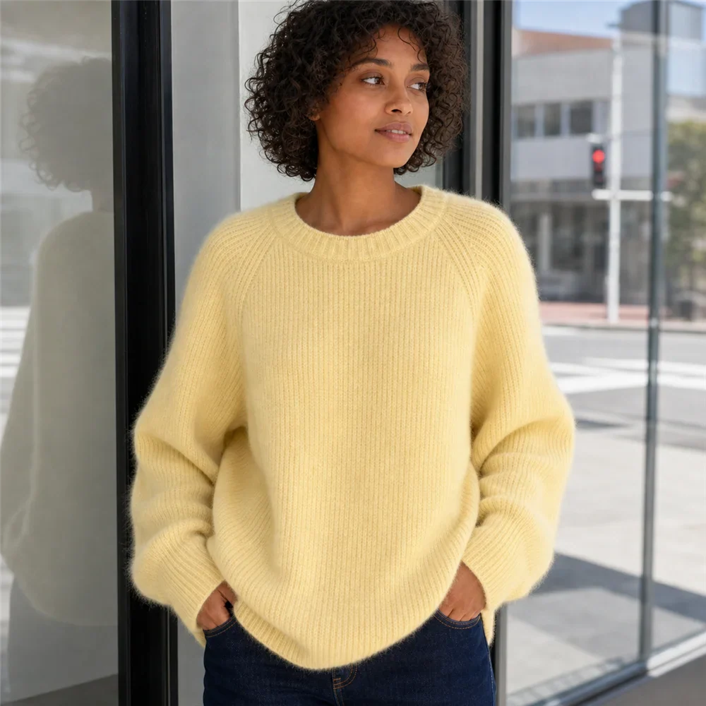 Maglione da donna a girocollo, maniche lunghe, in maglia a coste, giallo