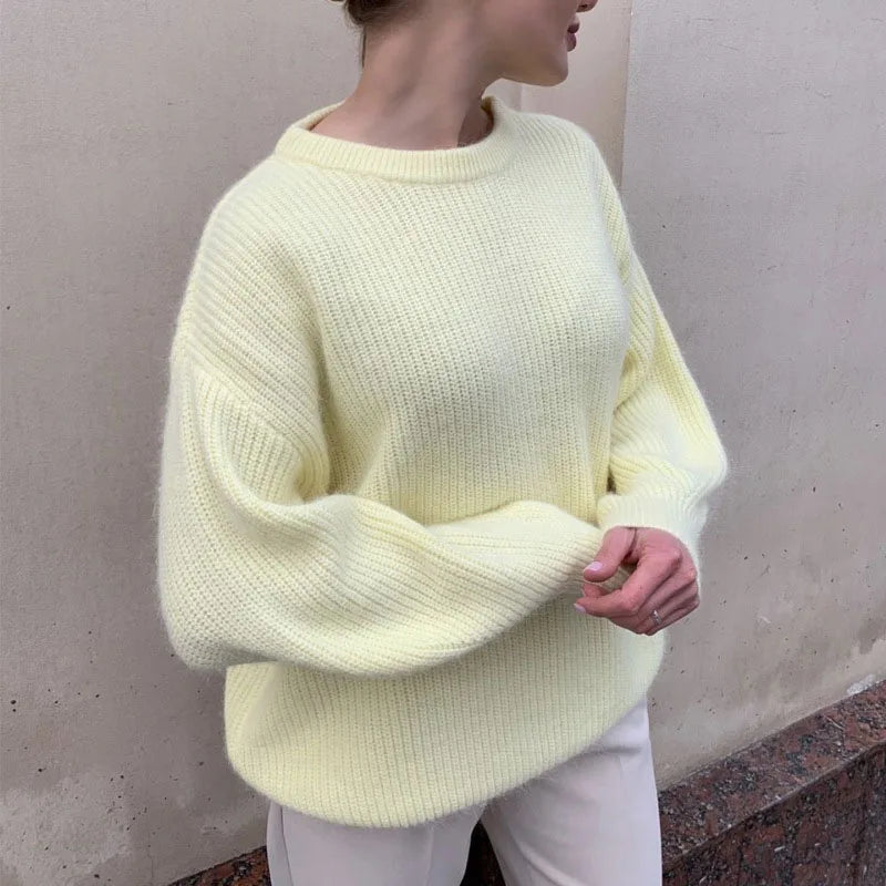 Damen Oversize Strickpullover Rundhals Rippstrick