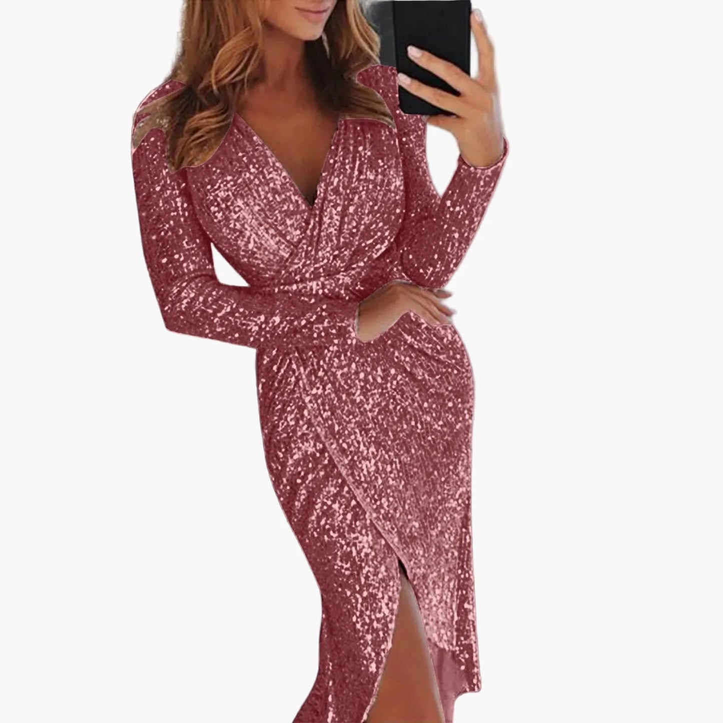 Abito Donna Elegante con Paillettes, Scollo Profondo a V, Effetto Incrociato e Arricciature – Abito da Sera & Festa a Maniche Lunghe per Occasioni Speciali