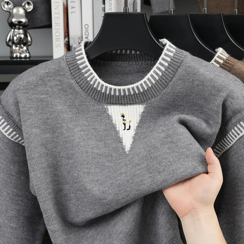 Herren Strickpullover Rundhals mit Muster auf der Brust