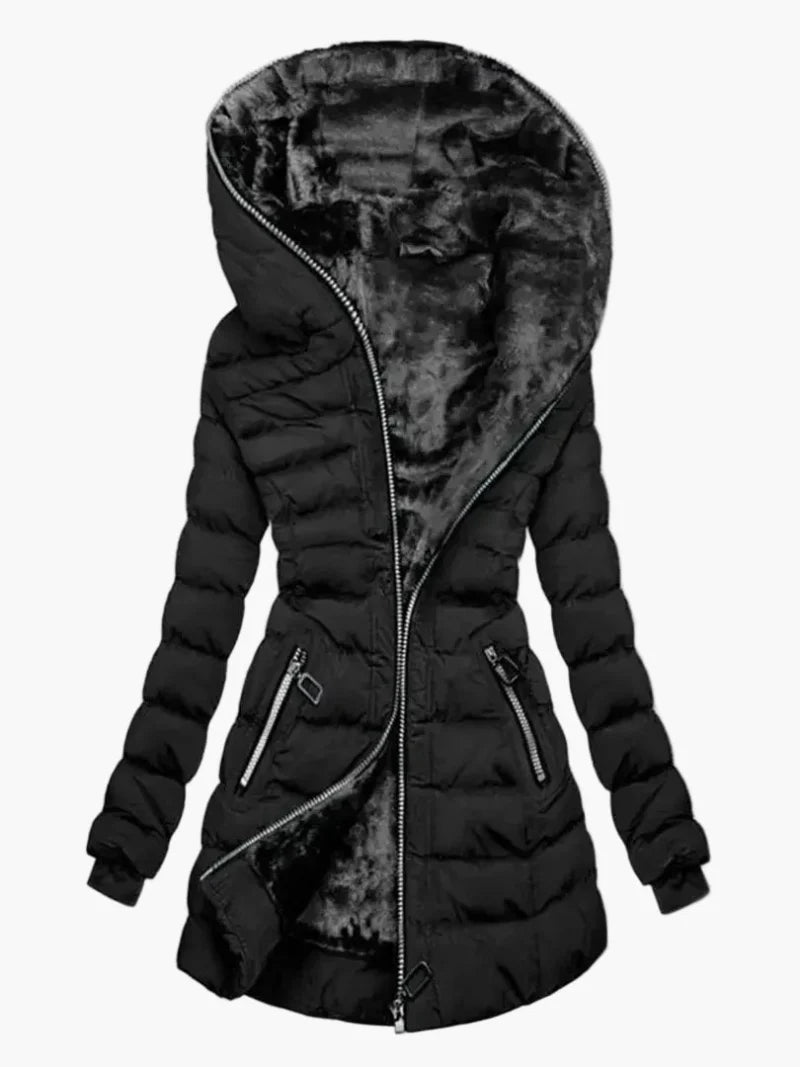 Giacca invernale trapuntata da donna con ampio cappuccio e cerniera asimmetrica – Cappotto outdoor alla moda