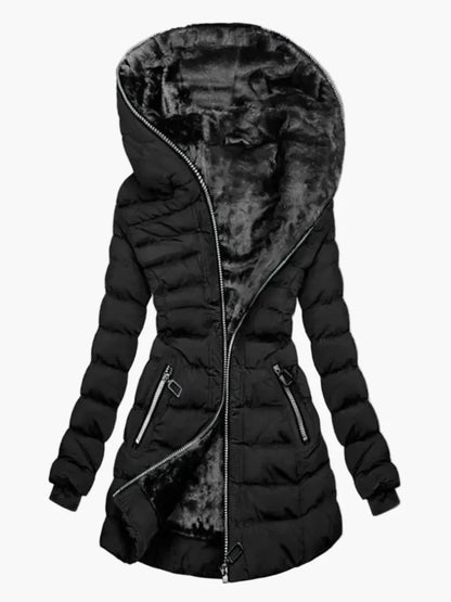 Giacca invernale trapuntata da donna con ampio cappuccio e cerniera asimmetrica – Cappotto outdoor alla moda