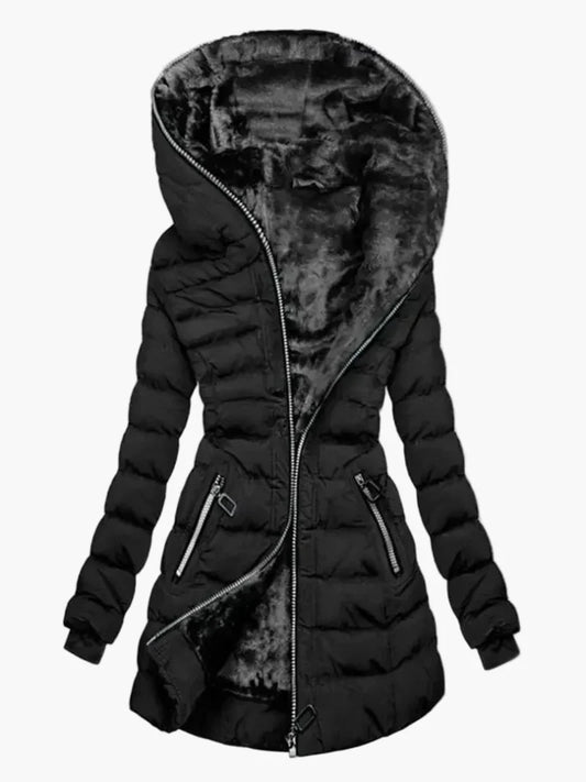 Dames winter doorgestikte jas met grote capuchon en asymmetrische ritssluiting – Modieuze outdoor jas