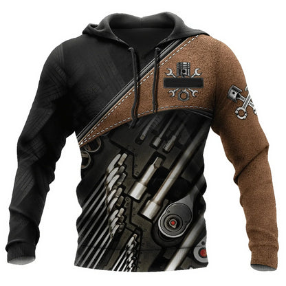 Herren Kapuzenpullover Mechanic Maschinenmotiv Hoodie Schwarz Grau