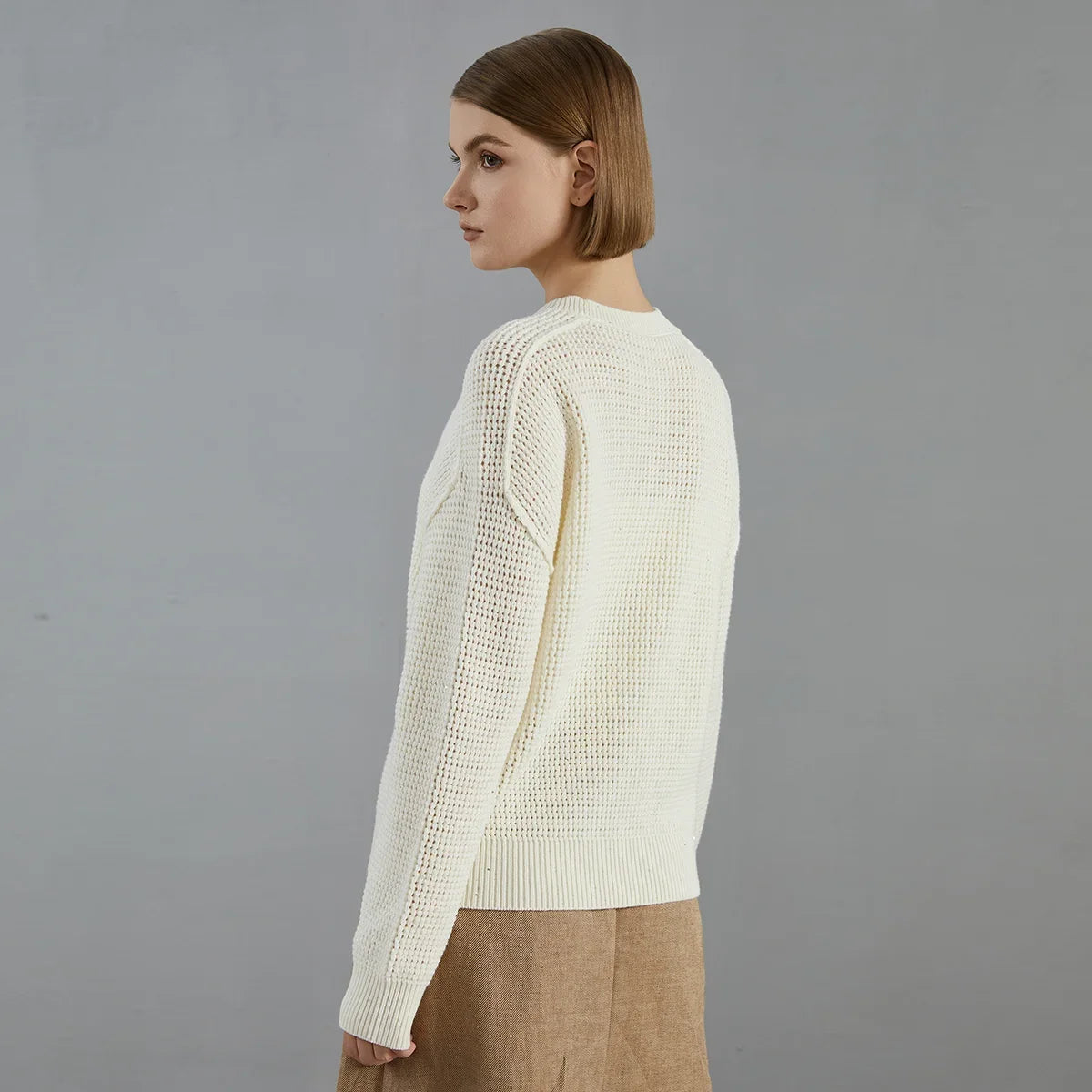 Damen Strickpullover mit Rundhalsausschnitt und Waffelstruktur