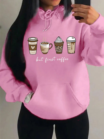 Damen Hoodie mit Kaffeebecher-Print "but first coffee" und Kängurutasche