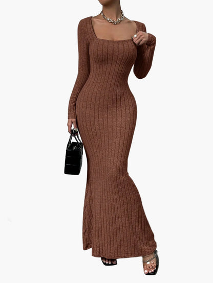 Damen Strick Maxikleid mit langen Ärmeln und eckigem Ausschnitt – Elegantes Freizeitkleid für Herbst und Winter