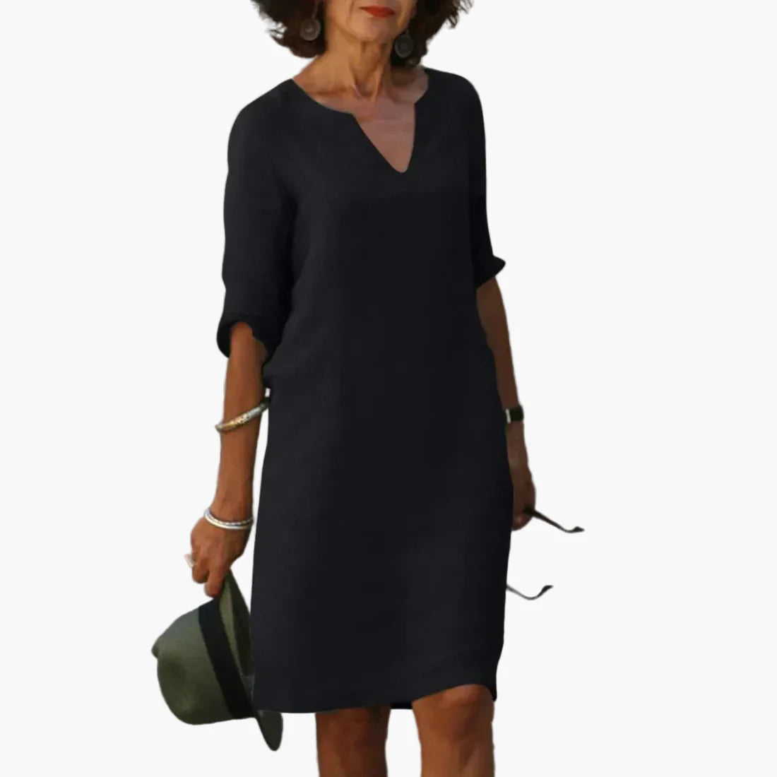 Abito da donna con scollo a V e maniche 3/4 – Abito casual e quotidiano senza tempo, elegante