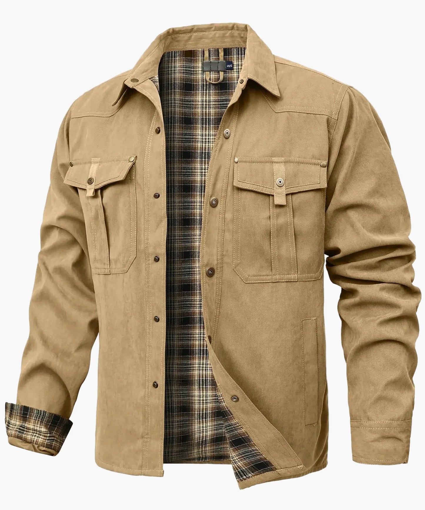 Męska kurtka shacket z flaneli z ociepleniem – overshirt w stylu western, kurtka przejściowa z zatrzaskami