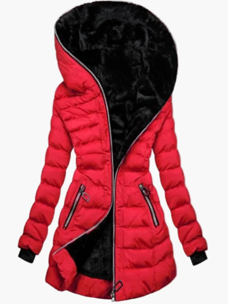 Giacca invernale trapuntata da donna con ampio cappuccio e cerniera asimmetrica – Cappotto outdoor alla moda