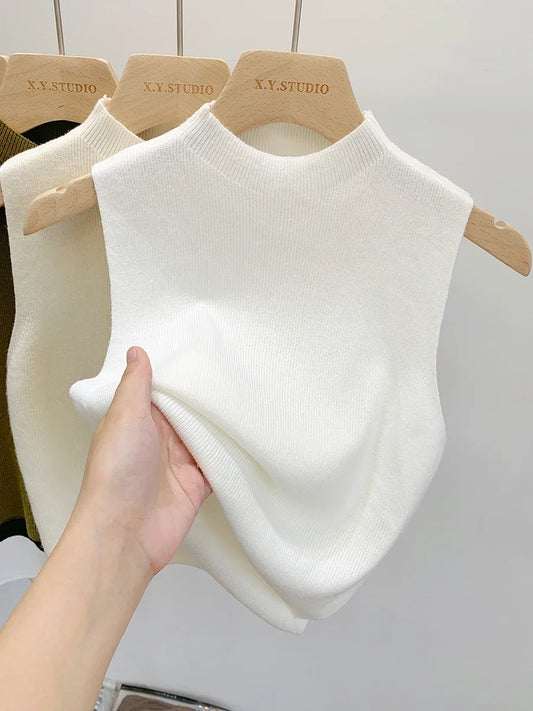 Ärmelloses Stricktop Damen Stehkragen Rippstrick Tanktop