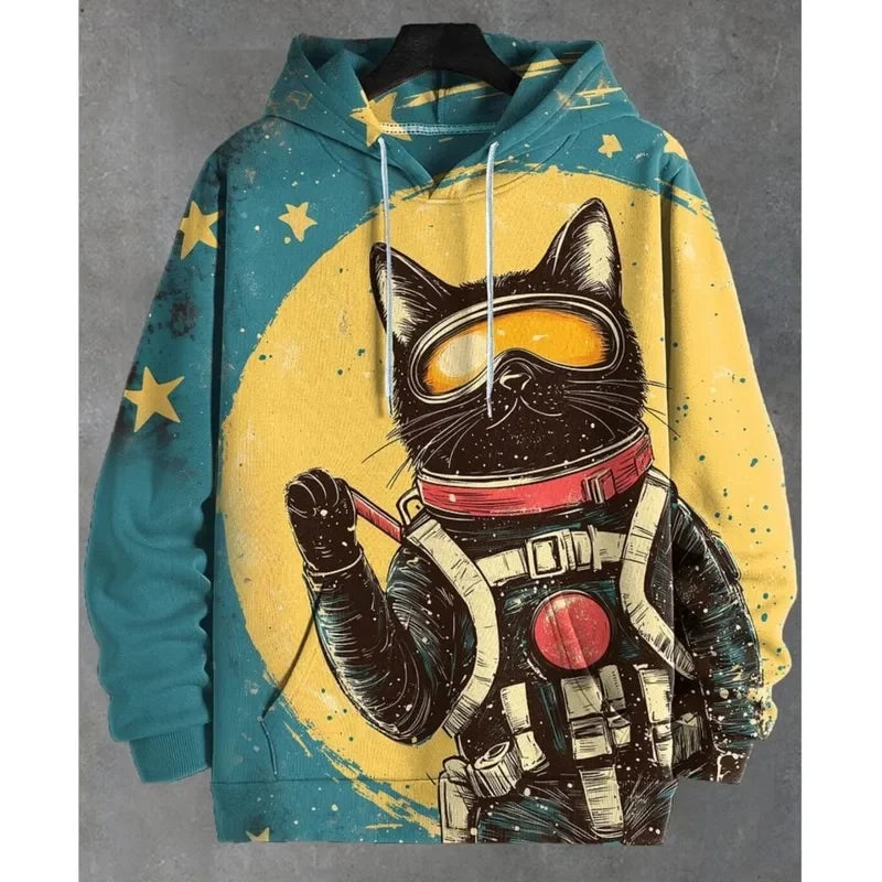 Unisex Kapuzenpullover mit Katzen-Motiv Print Kängurutasche