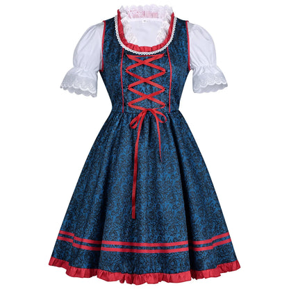 Dirndl Kleid Blau Rot mit Schürze Bluse und Mieder Schnürung