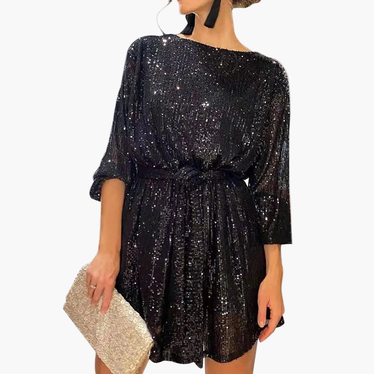 Robe de soirée pour femme avec paillettes, coupe ample, longueur genou, festive et glamour